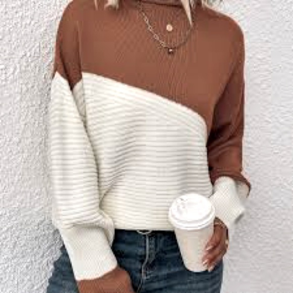 Color Block Loose long sleeve Pullover Sweater, Tan and white